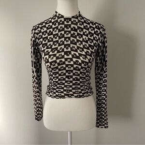 Pacsun Retro Brown and White Checkered Letter Pattern Mock Neck Crop Top XS